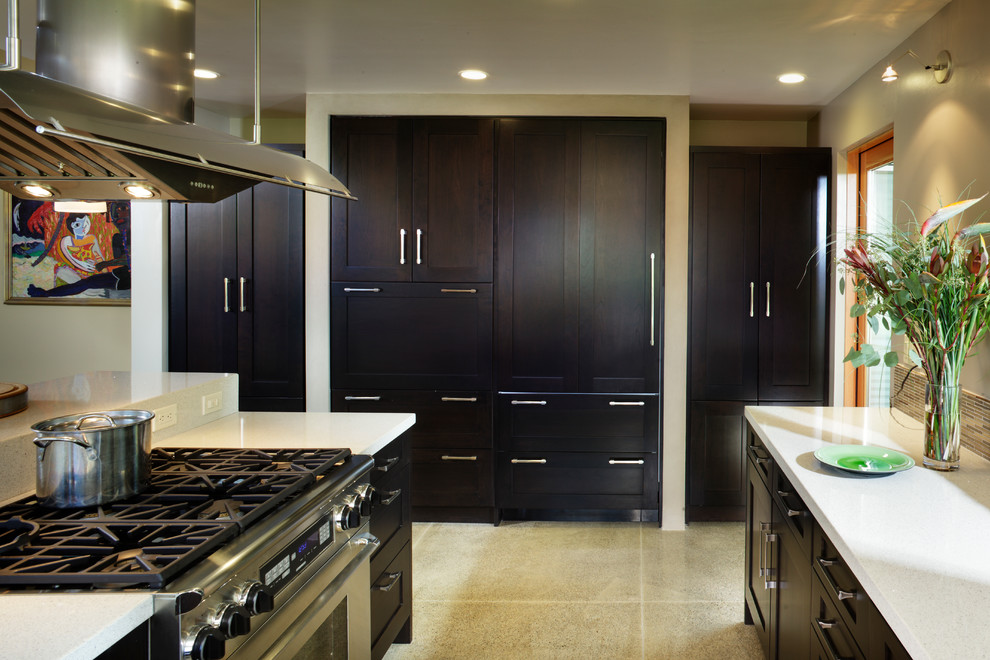 Fully Integrated Refrigerator Kitchen Contemporary with Concrete Overlay Feature Wall