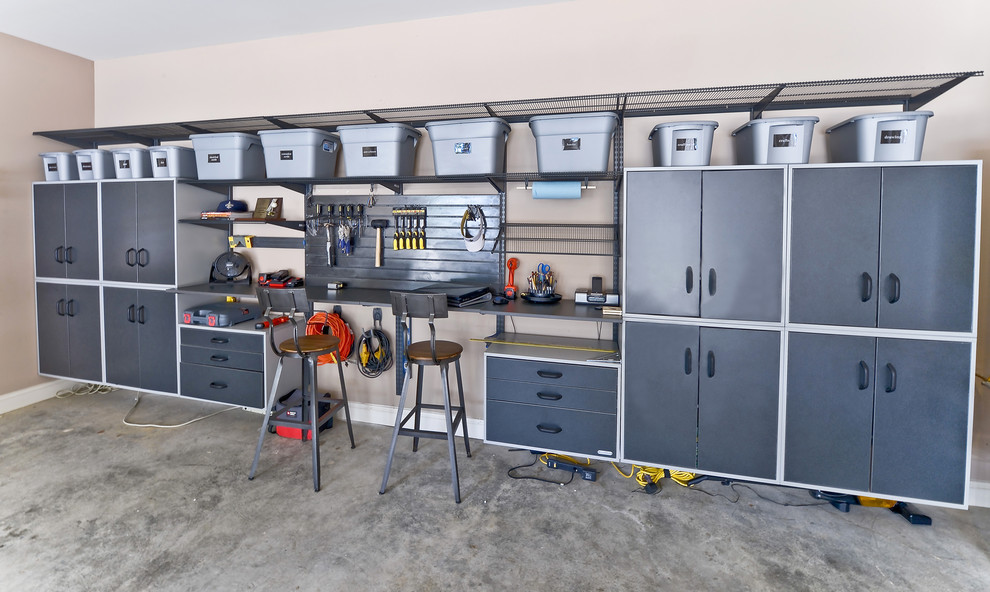 Garage Shelving Ideas Garage and Shed Contemporary with Concrete Floor Counter Stools