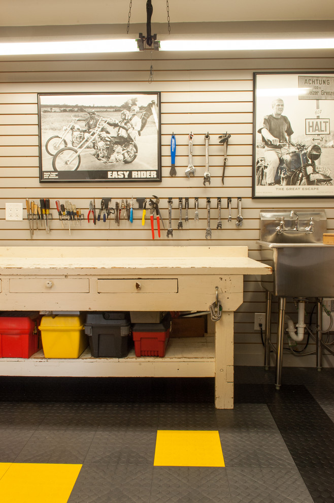 Garage Workbench Ideas Garage and Shed Traditional with Black and White Photos