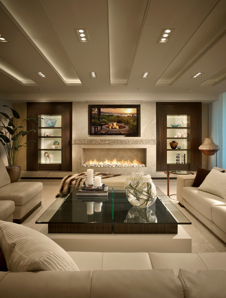 Gas Fireplace Corner Unit Living Room Contemporary with Boca Raton Built In