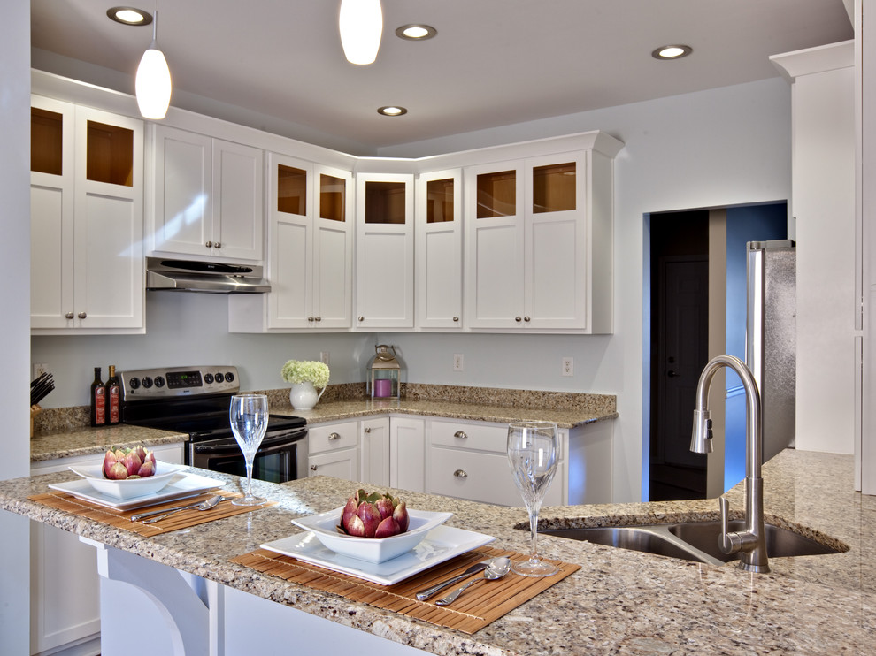 Giallo Ornamental Granite Countertop Kitchen Contemporary with Breakfast Bar Ceiling Lighting