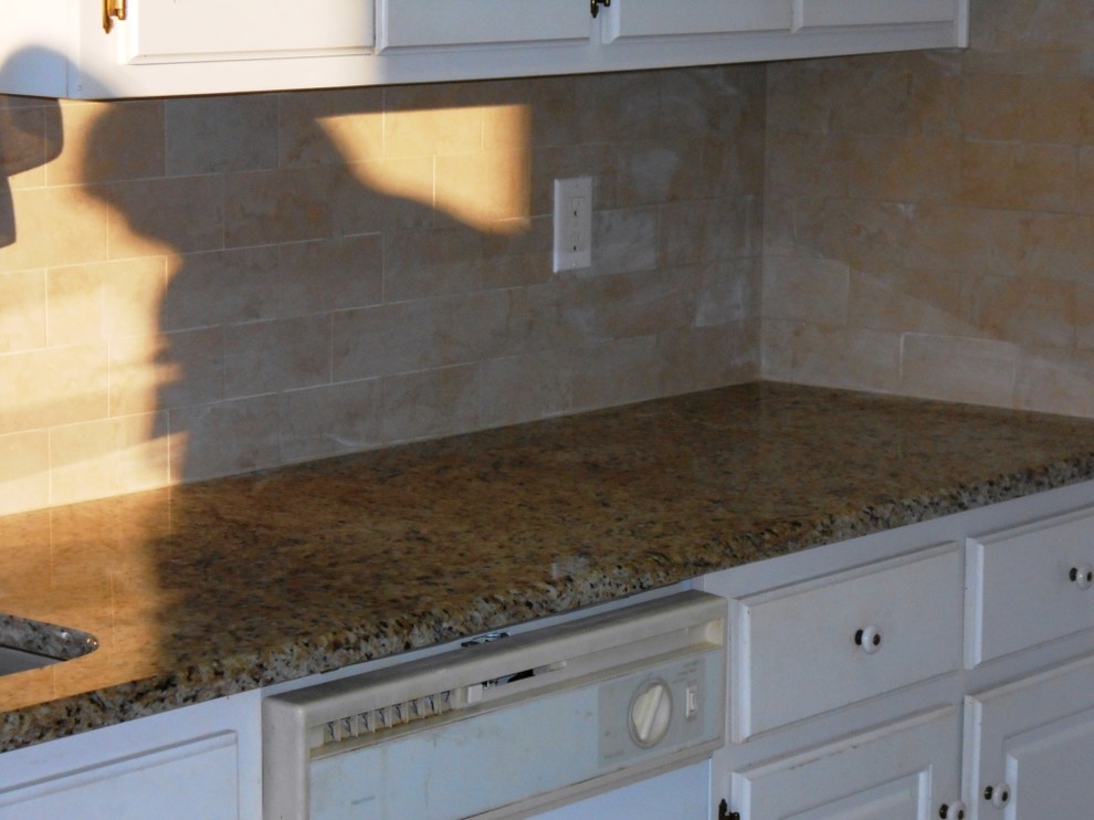 Giallo Ornamental Granite Countertop Kitchen Traditional with 3x6 Bianco Ilva Tiles