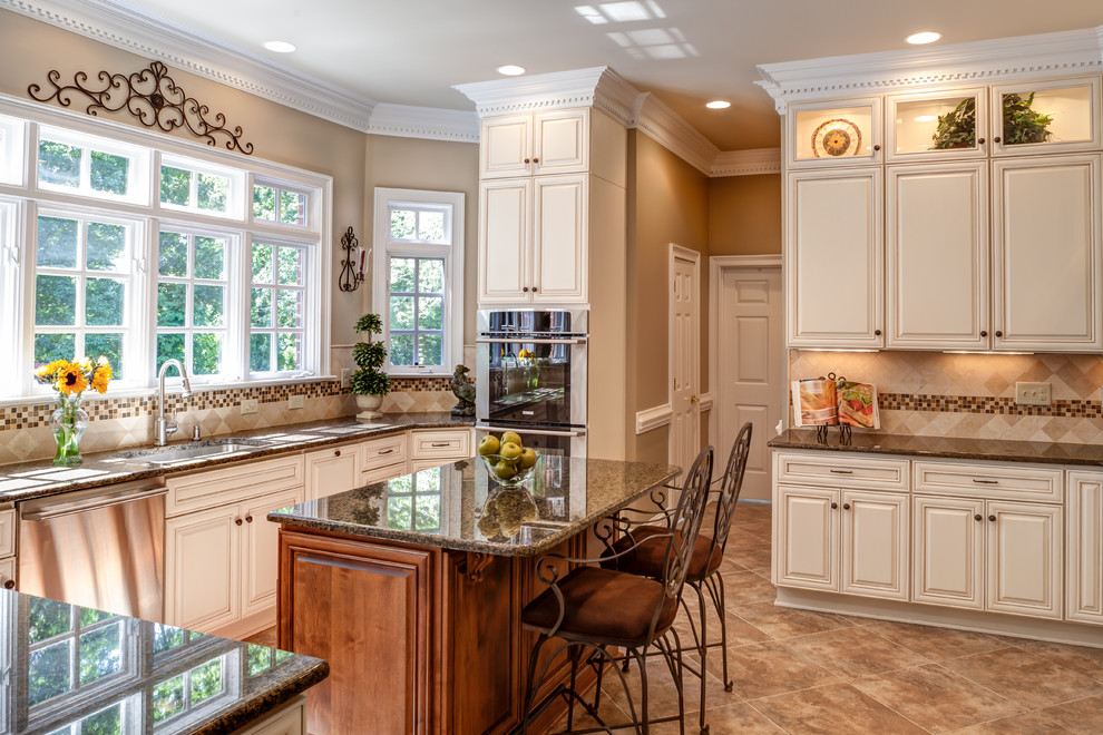 Glass and Stone Backsplash Kitchen Traditional with 10 Ceilings Beige Walls