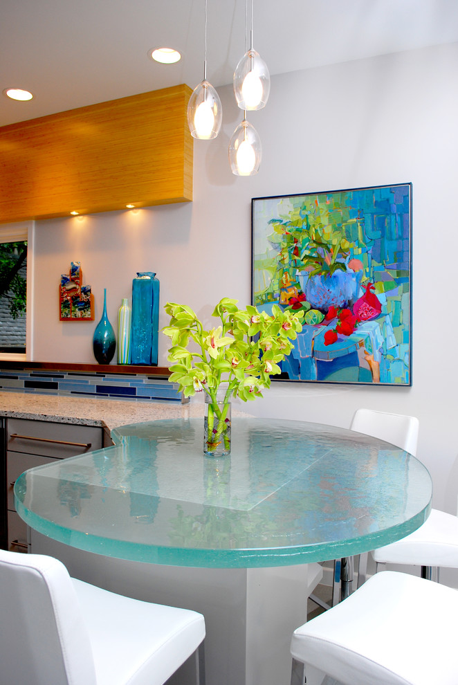 Glass Counter Height Table Kitchen Contemporary with Artwork Blue Tile Countertops
