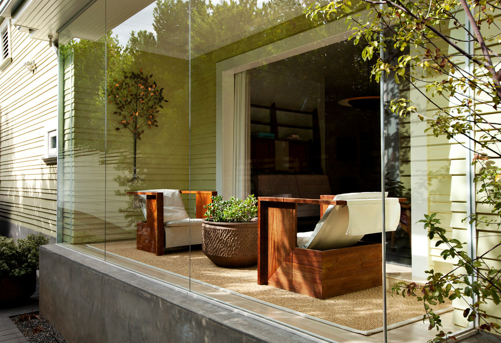 Glass Enclosed Porch Sunroom Modern with Bushes Concrete Foundation Concrete