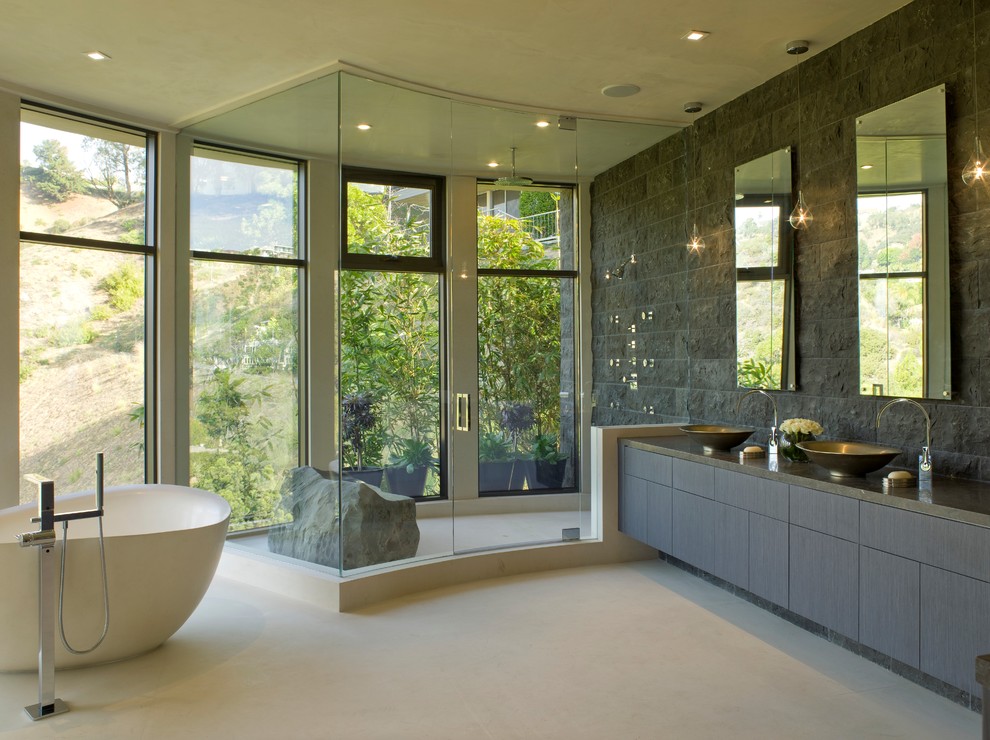glass enclosed showers Bathroom Contemporary with bathtub boulder dual sinks