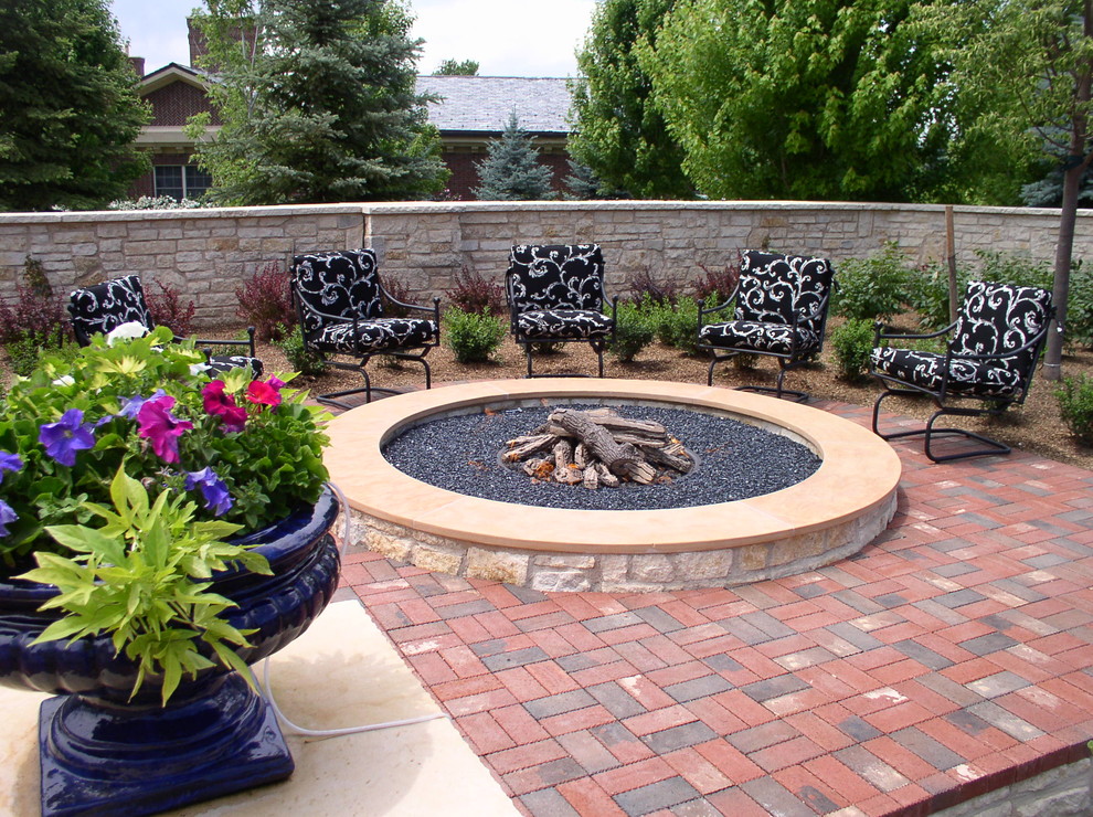 Glass Fire Pit Patio Traditional with Black Patterned Cushions Brick
