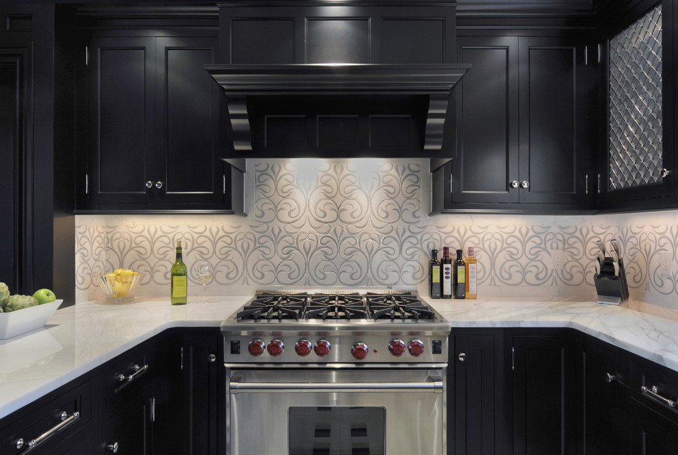 Glass Front Refrigerator Kitchen Contemporary with Artisan Tile Artistic Tile