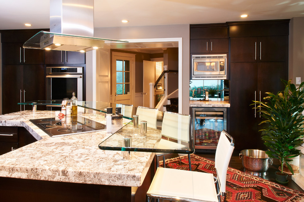 Glass Front Refrigerator Kitchen Modern with Bar Height Stools Bar1