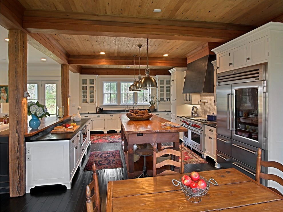 Glass Front Refrigerator Kitchen Traditional with Black Countertop Glass Cabinets