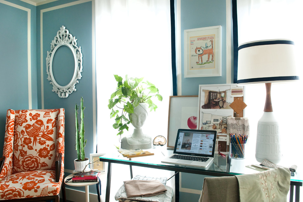 Glass Office Desk Home Office Eclectic with Blue Couch Blue Office