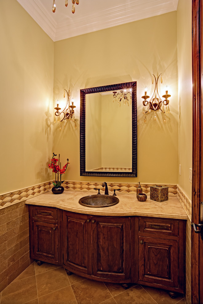 Glass Pedestal Sink Powder Room Traditional with Arabesque Bronze Mirror Ceramic