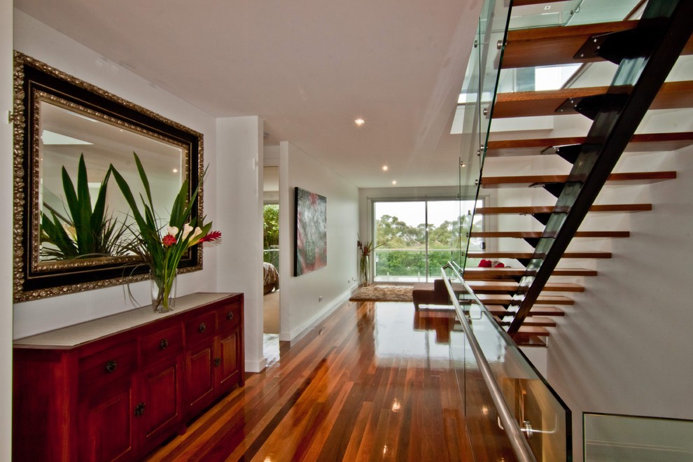 glass railing cost Entry Contemporary with floating stairs glass door