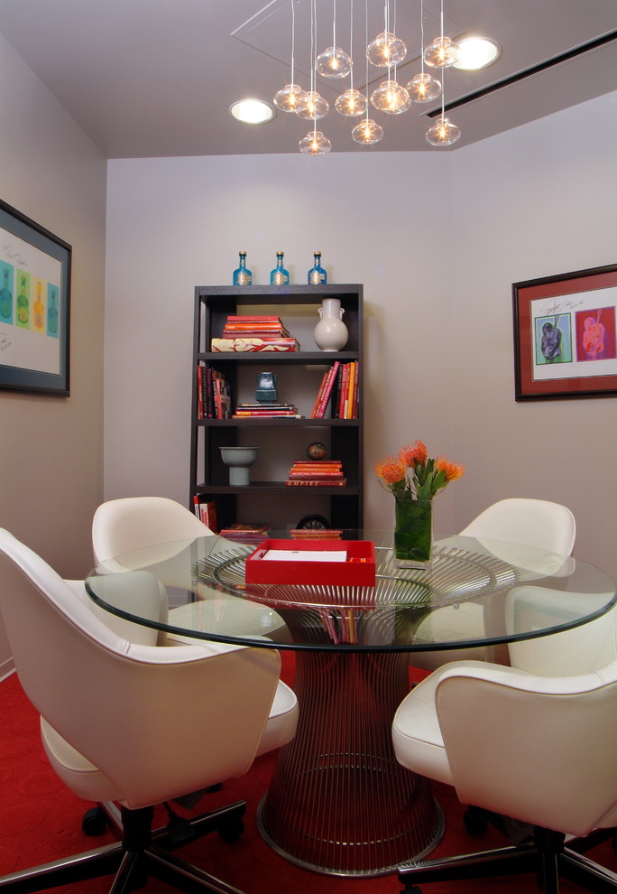 Glass Round Dining Table Dining Room Modern with Artwork Bookshelves Carpeting Casters