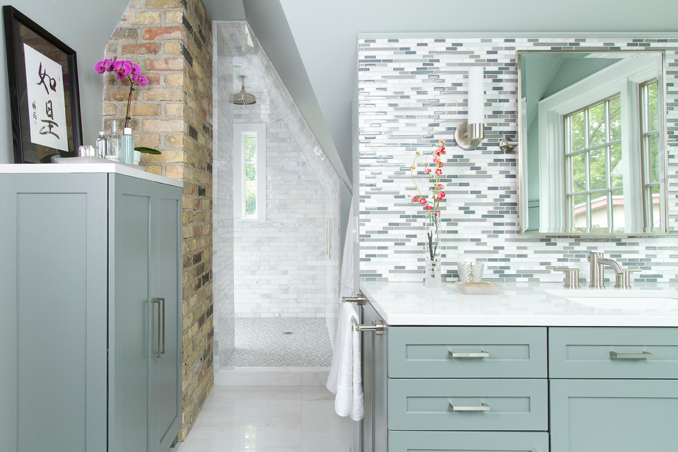 Glass Shower Enclosure Bathroom Transitional with Attic Bathroom Builtin Cabinetry