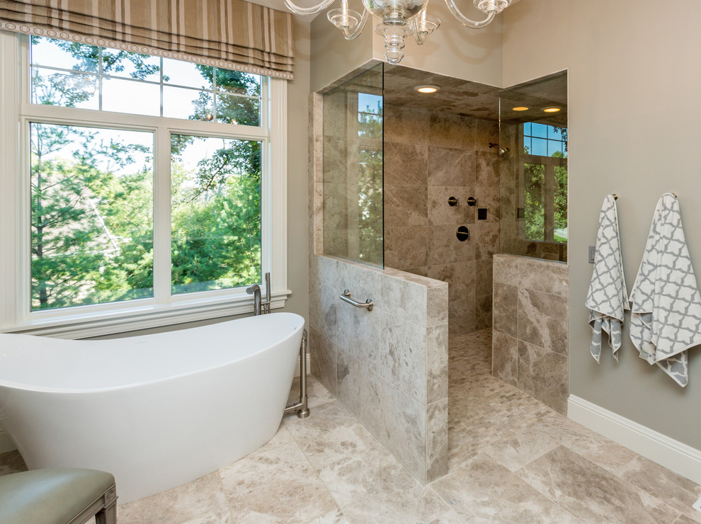 Glass Shower Partition Bathroom Transitional with Beige Bathroom Beige Molding