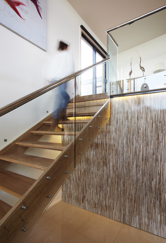 Glass Stair Rail Staircase Beach with Beige Stone Floor Entrance