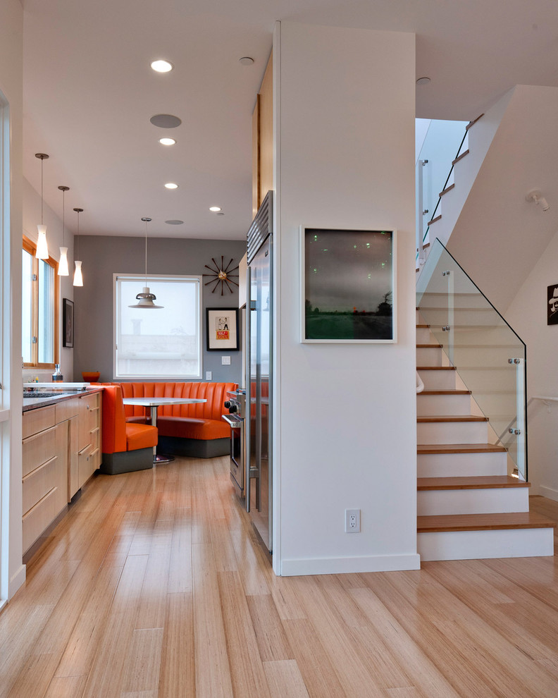 Glass Stair Railings Kitchen Contemporary with Accent Wall Bamboo Flooring