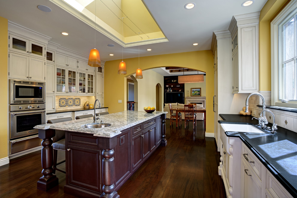 Glass Subway Tile Backsplash Kitchen Transitional with Black Granite Farmhouse Sink