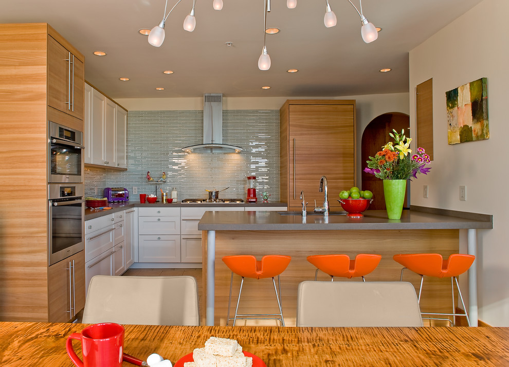 Glass Tile Countertop Kitchen Contemporary with Bar Stools Barstools Breakfast