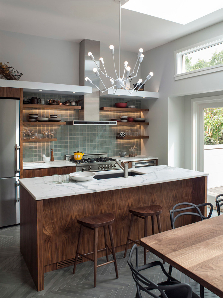 Glass Tile Countertop Kitchen Contemporary with Black Dining Chair Dark