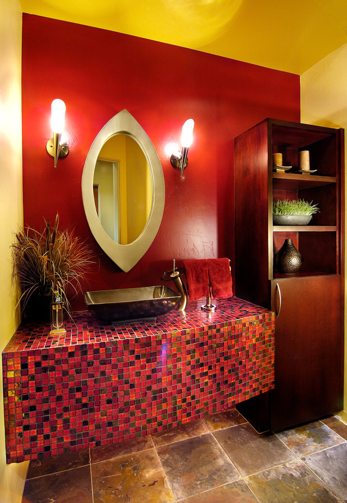 Glass Tile Countertop Powder Room Contemporary with Accent Wall Floating Vanity