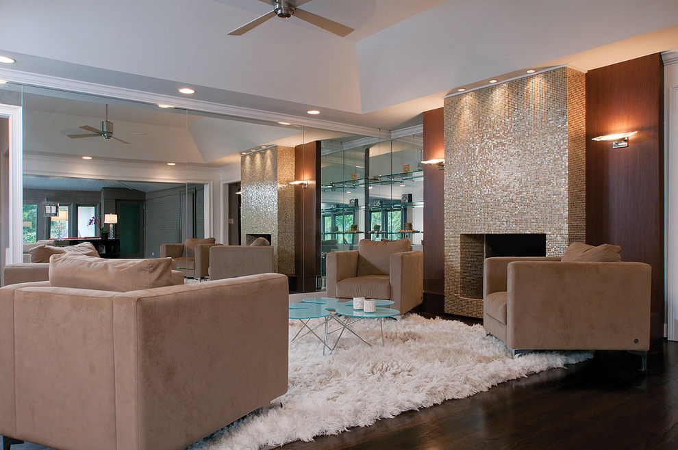 Glass Tile Fireplace Family Room Modern with Brown Armchair Ceiling Fan1