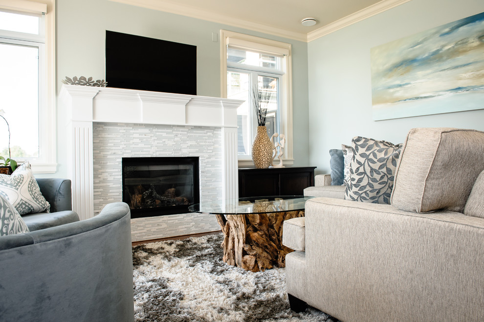 Glass Tile Fireplace Living Room Beach with Beige Sectional Beige Sofa