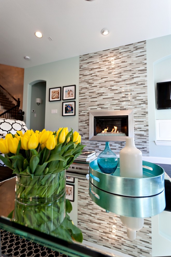 Glass Tile Fireplace Surround Living Room Contemporary with Bouquet Ceiling Lighting Fireplace