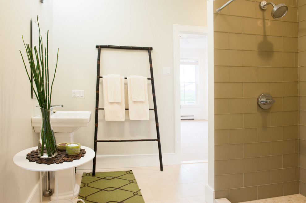 Glass Tile Shower Walls Bathroom Contemporary with Bamboo Bath Mat Beige
