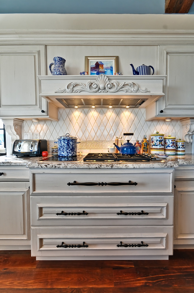 Glass Top Gas Stove Kitchen Mediterranean with Dark Floor Distressed Finish