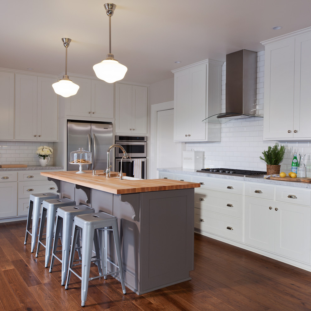 Glass Vent Hood Kitchen Farmhouse with Gray Bar Stools Pendant