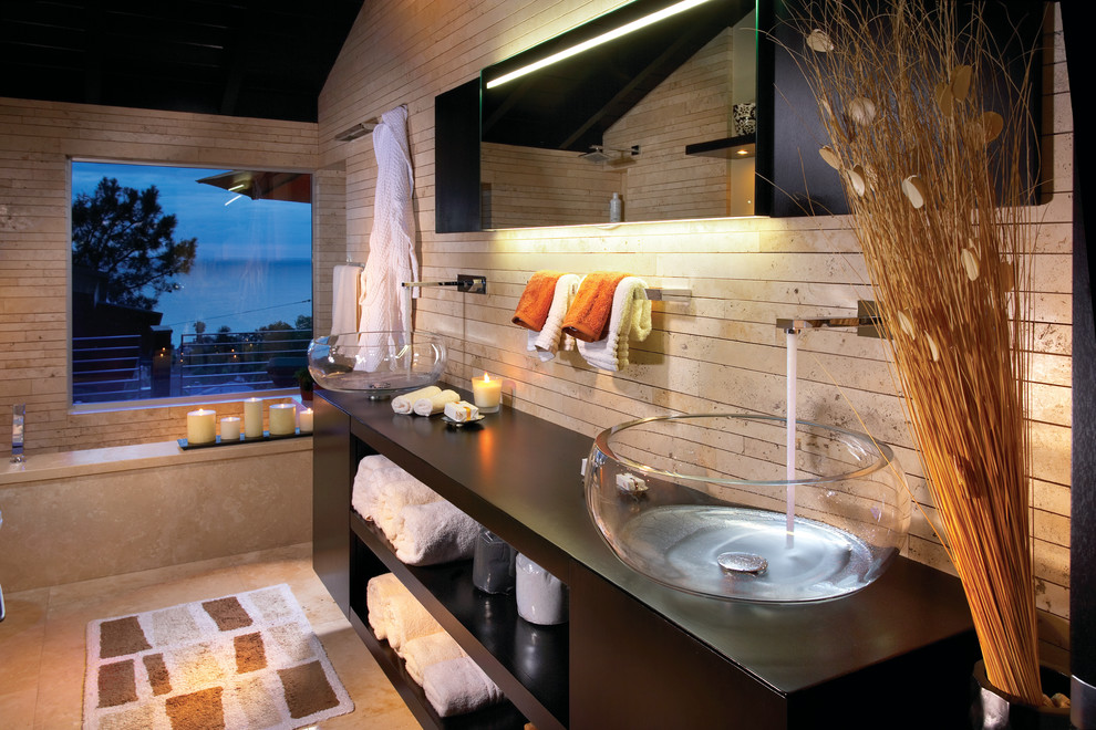 Glass Vessel Sinks Bathroom Contemporary with Bath Rug Candles Contemporary