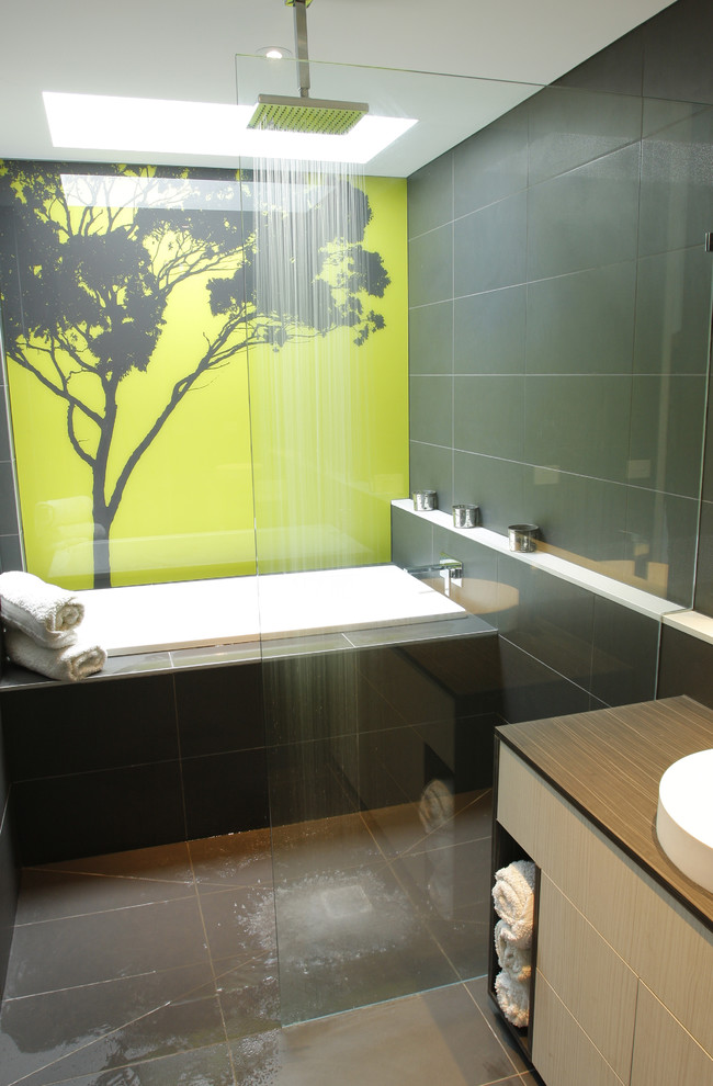 Glass Wall Panels Bathroom Contemporary with Charcoal Tile Flush Cabinet