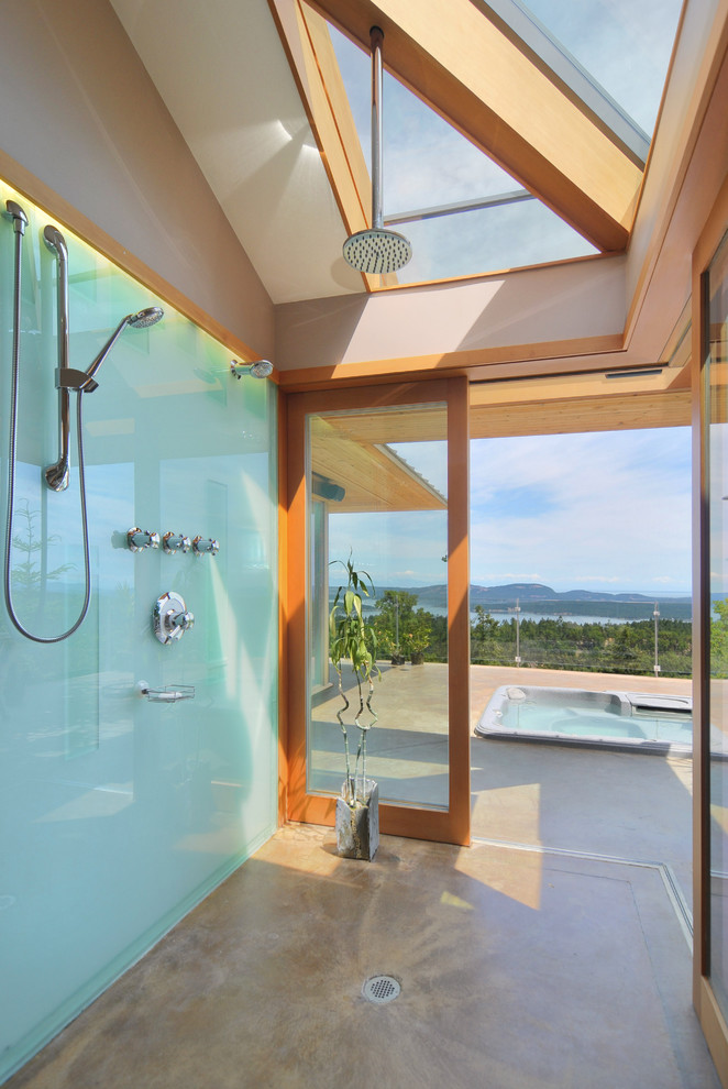 Glass Wall Shower Bathroom Contemporary with Cable Railing Concrete Glass