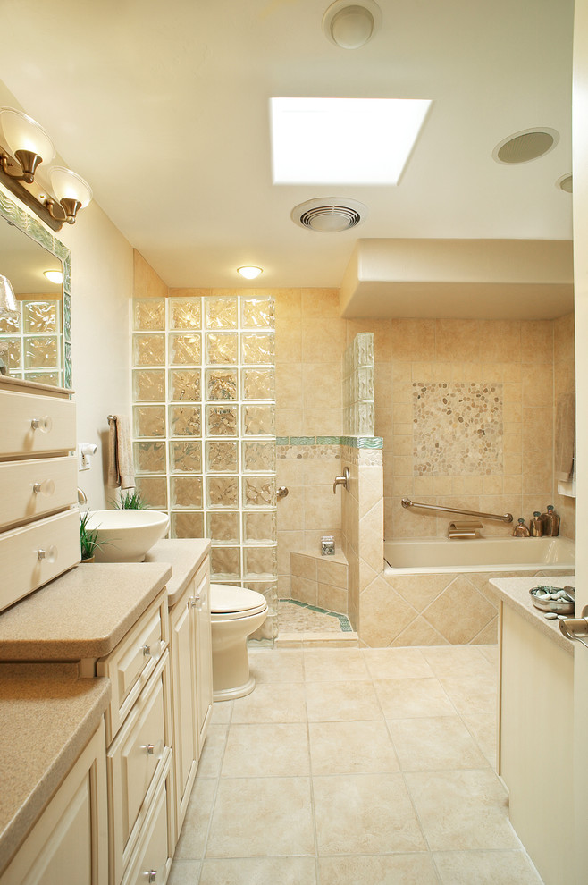 Glass Wall Shower Bathroom Traditional with Bathtub Beige Countertop Ceiling