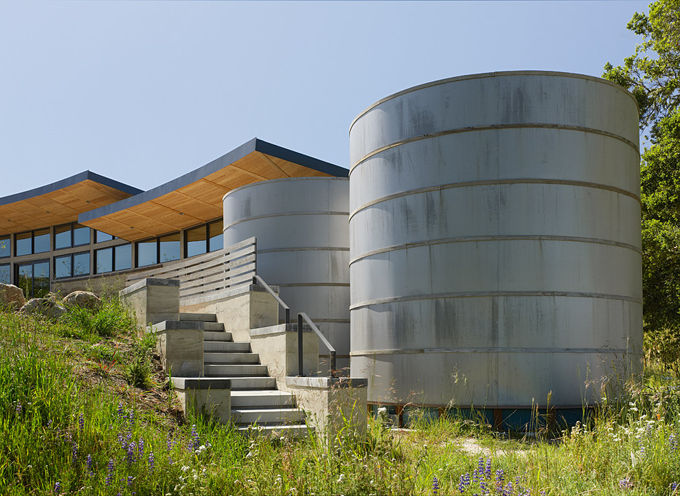Glass Water Dispenser Exterior Contemporary with Boulders Concave Roof Concrete