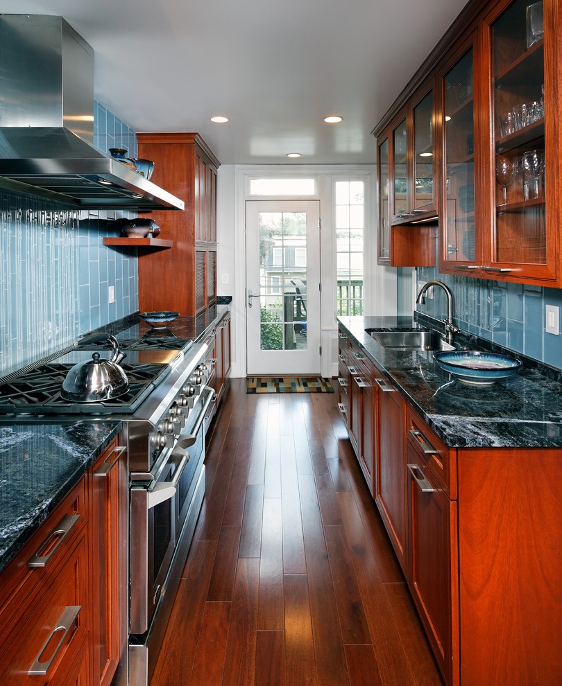 Granite Countertop Backsplash Kitchen Contemporary with Black Countertops Blue Tiles