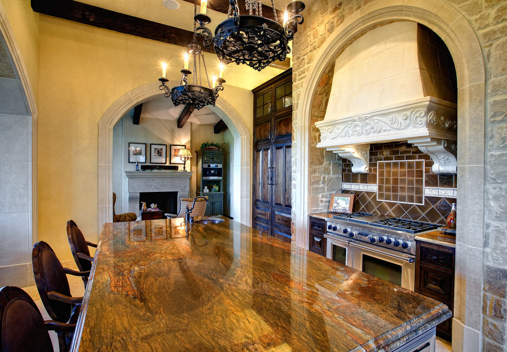Granite Countertop Edges Kitchen Mediterranean with Arches Chandelier Counter Stools1