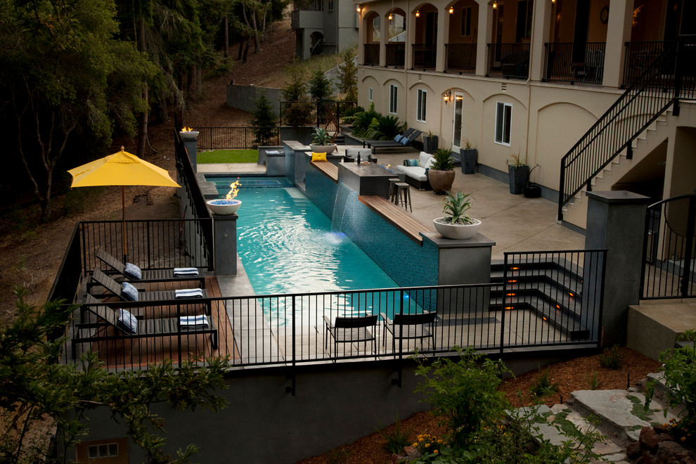 Granite Dining Table Pool Contemporary with Fire Water Swim Lane