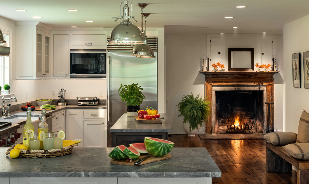Granite Fireplace Hearth Kitchen Farmhouse with Antique Beams Brick Brick