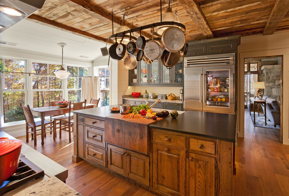 Granite Island Top Kitchen Rustic with Cafe Curtain Dining Table