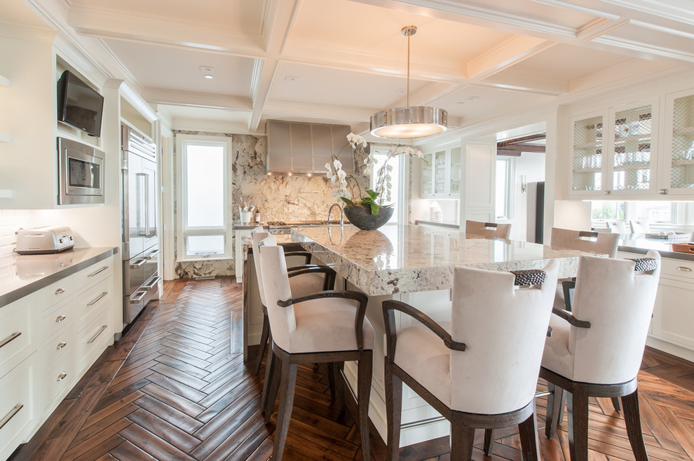 Granite Island Top Kitchen Transitional with Beige Ceiling Beams Beige
