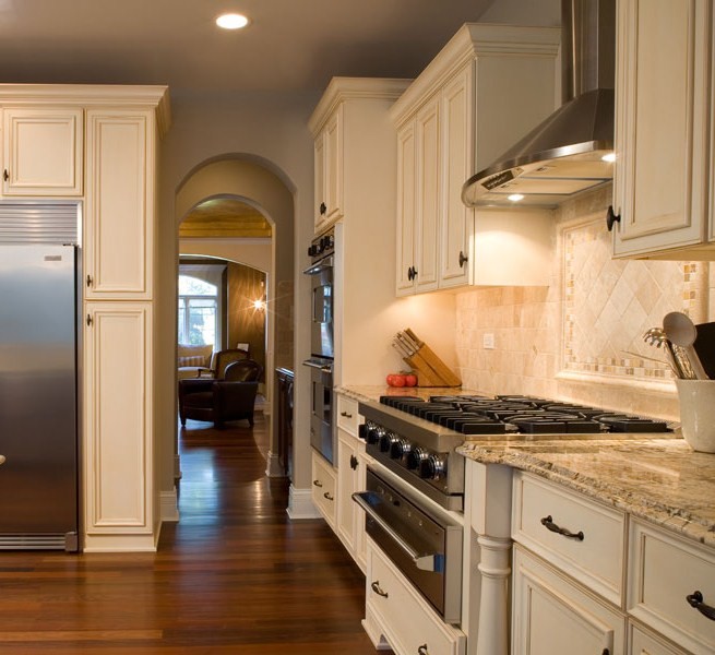 Granite Santa Cecilia Kitchen Traditional with Built in Refrigerator Cabinet