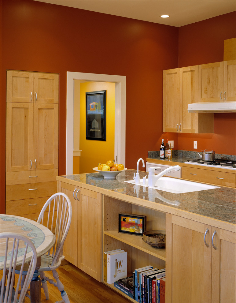 Granite Tile Countertop Kitchen Contemporary with Bold Colors Book Shelves
