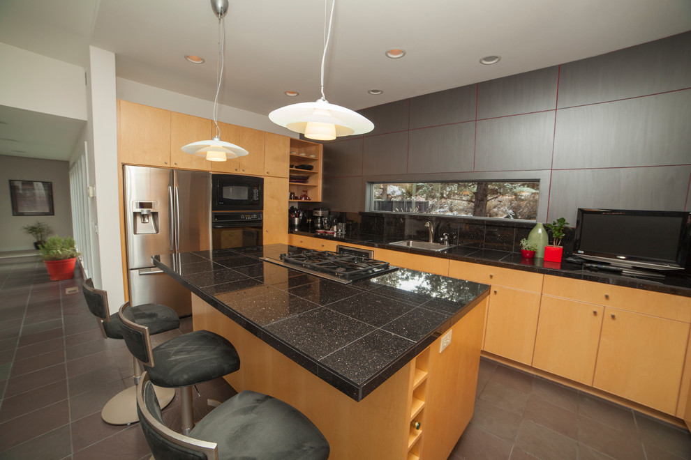Granite Tile Countertops Kitchen Modern with Beige Wall Black Counter