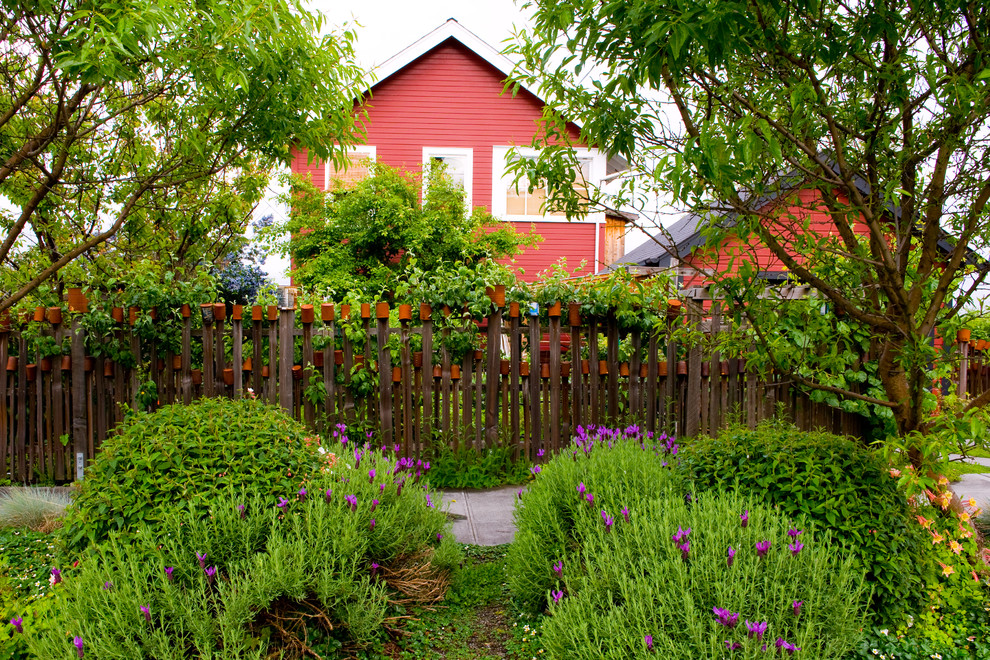 Grape Stake Fencing Landscape Farmhouse with Almond Tree Flank Courtyard