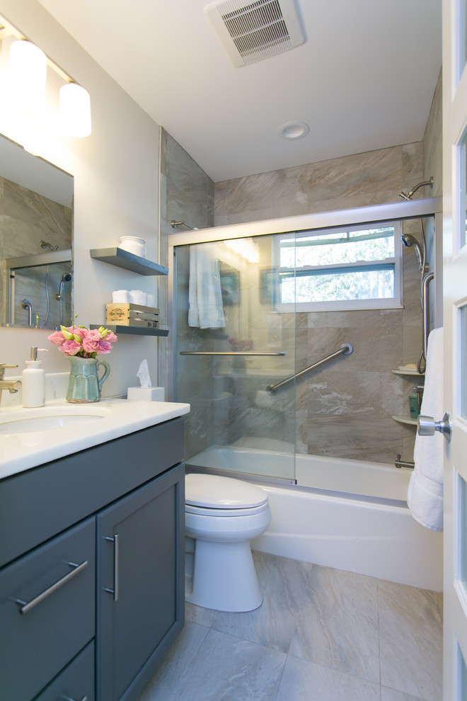 Gray Bathroom Vanity Bathroom Transitional with Bathroom Bathtubshower Combo Beige1