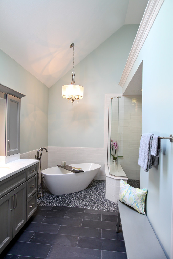 Gray Bathroom Vanity Bathroom Transitional with Bathroom Bench Blue Wall1