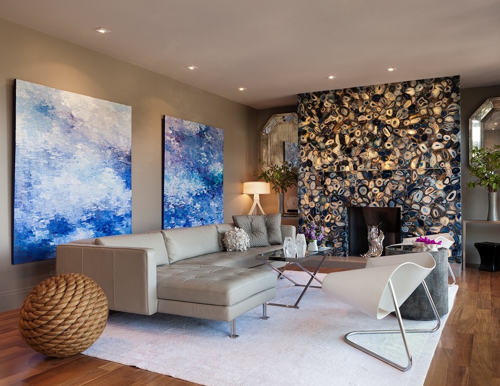 Gray Leather Couch Family Room Contemporary with Abstract Painting Accent Wall